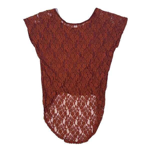 Free People Tunic Top Lace Sheer - Med Burnt Orange Striped High Low Boho - Picture 5 of 5